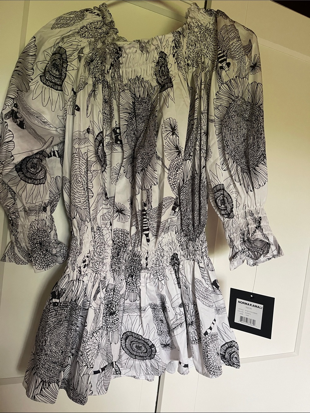 Norma Kamali White Dress or Blouse with Black Floral Print Long Sleeve Peplum